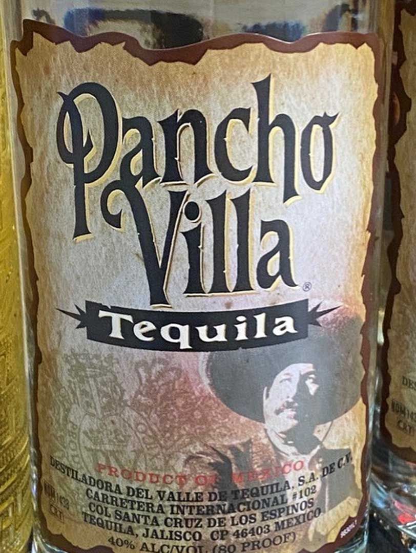 A close up of a bottle of pancho villa tequila