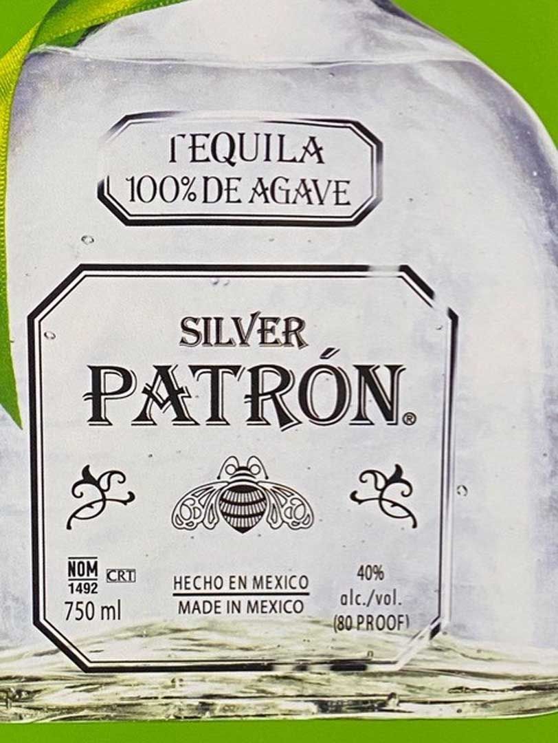 A bottle of silver patron tequila made in mexico