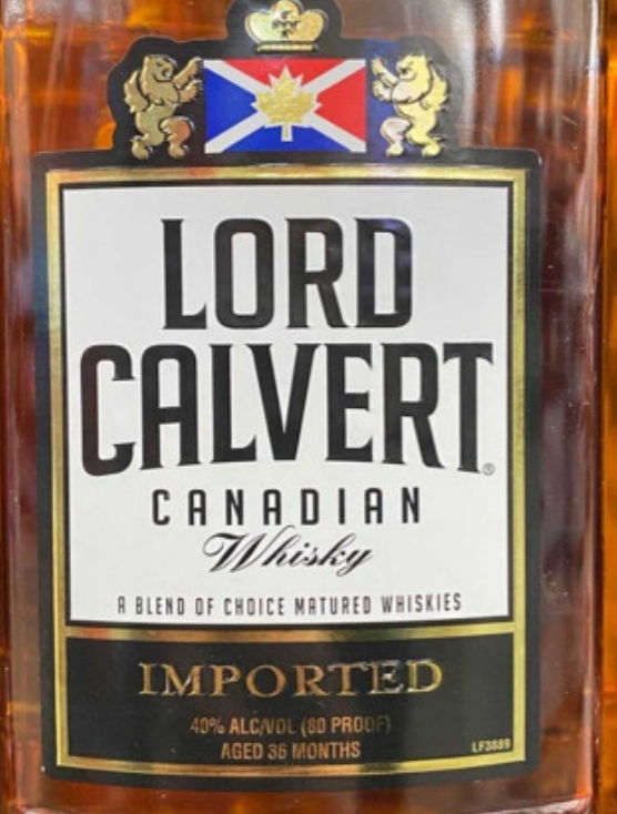 A bottle of lord calvert canadian whisky imported