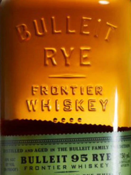 A close up of a bottle of bulleit 95 rye frontier whiskey