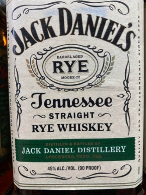 A bottle of jack daniel 's tennessee straight rye whiskey