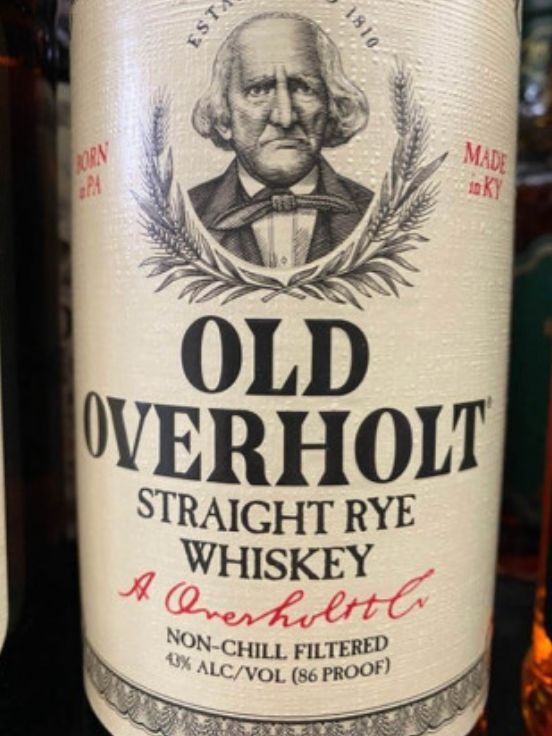 A bottle of old overholt straight rye whiskey