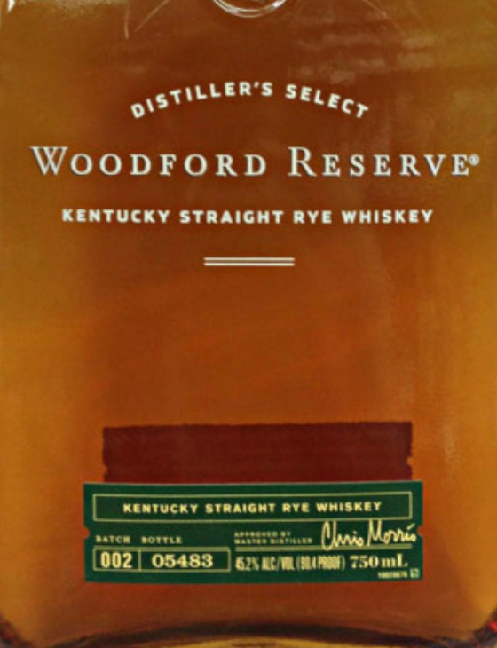 A bottle of woodford reserve kentucky straight rye whiskey