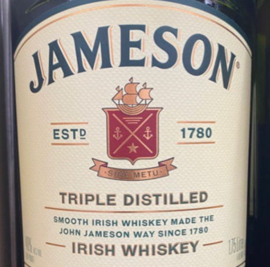 A bottle of jameson triple distilled irish whiskey