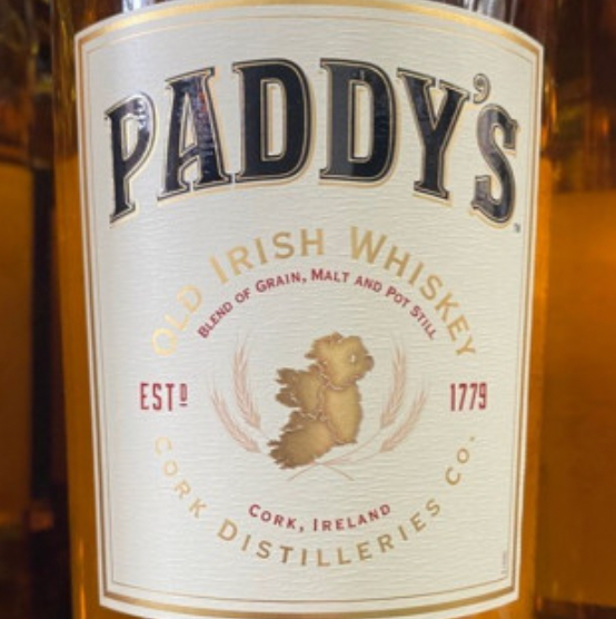 A bottle of paddy 's irish whiskey from cork ireland