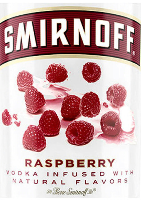 A bottle of smirnoff raspberry vodka infused with natural flavors