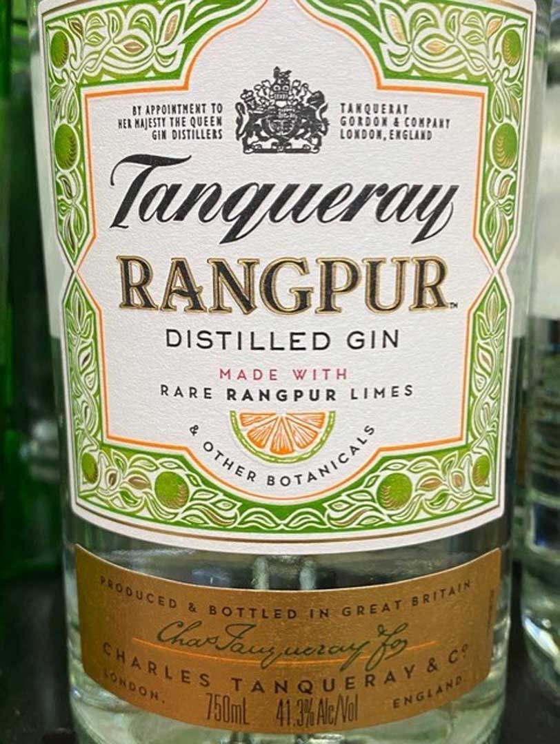 A bottle of tanqueray rangpur distilled gin made with rare rangpur limes.