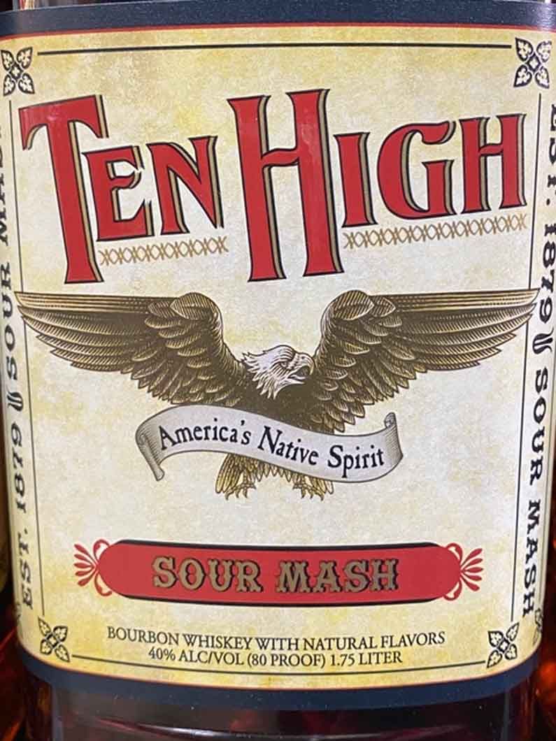 A bottle of ten high sour mash bourbon whiskey with an eagle on the label.