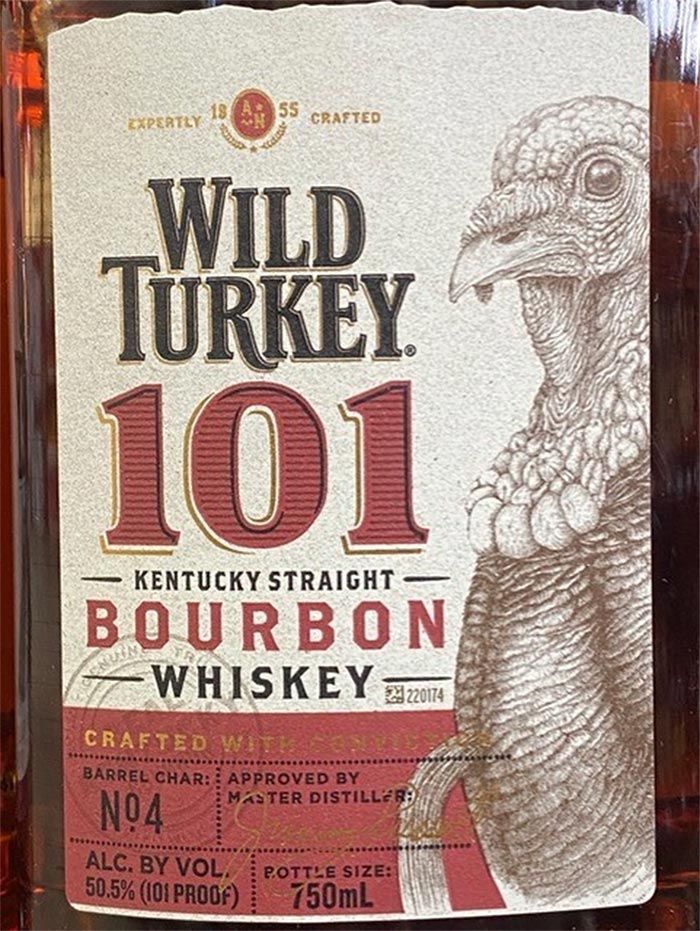 A bottle of wild turkey 101 kentucky straight bourbon whiskey.