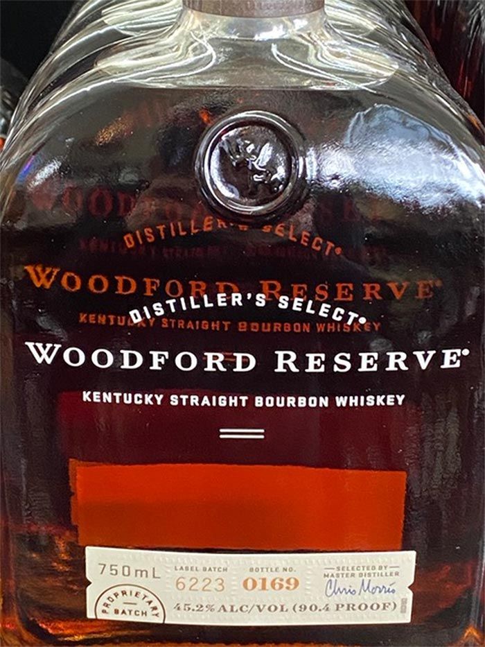 A bottle of woodford reserve kentucky straight bourbon whiskey