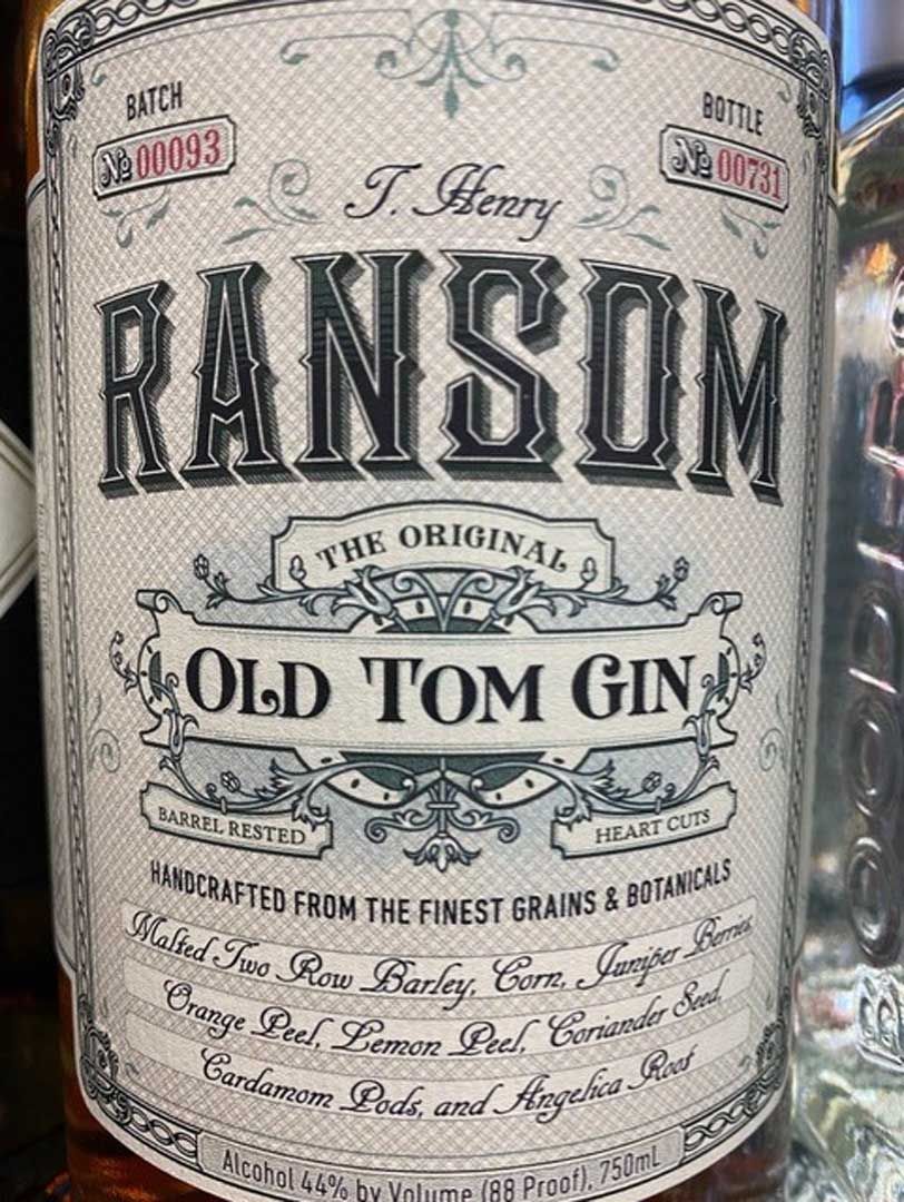 A close up of a bottle of ransom old tom gin.