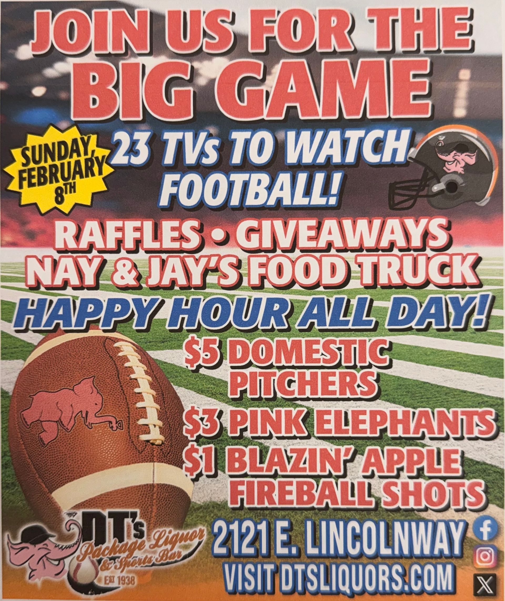 $5 DOMESTIC PITCHERS
$3 PINK ELEPHANTS
$2 BLAZIN APPLE FIREBALL SHOTS
NAY AND JAYS FOODTRUCK!!!!!!
