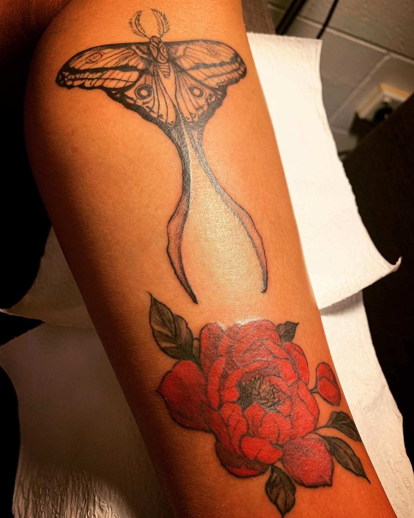 Tattoos of A Moth and Red Rose on An Arm — Thaiger Ink In Holloways Beach, QLD
