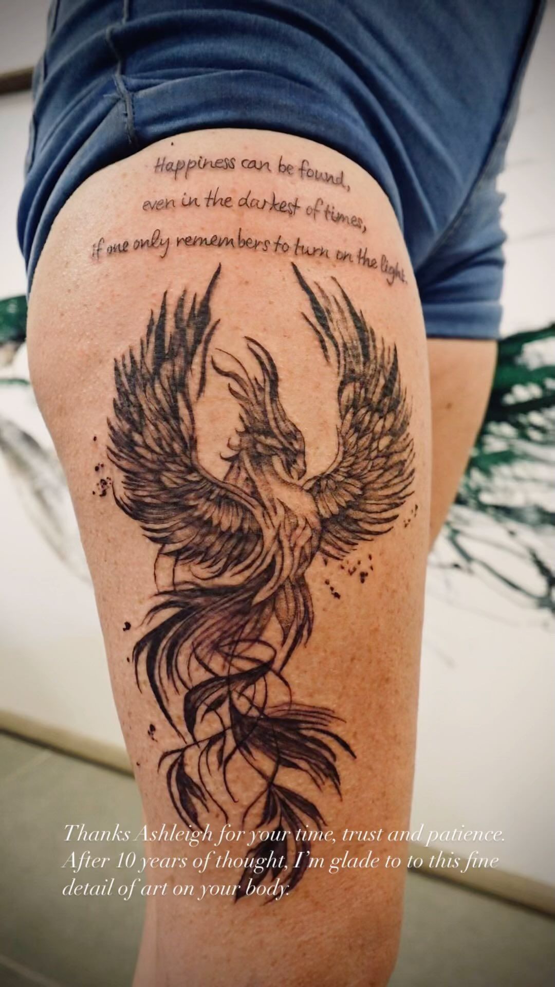 A Woman Has a Tattoo of A Phoenix on Her Leg  — Thaiger Ink in Holloways Beach, QLD