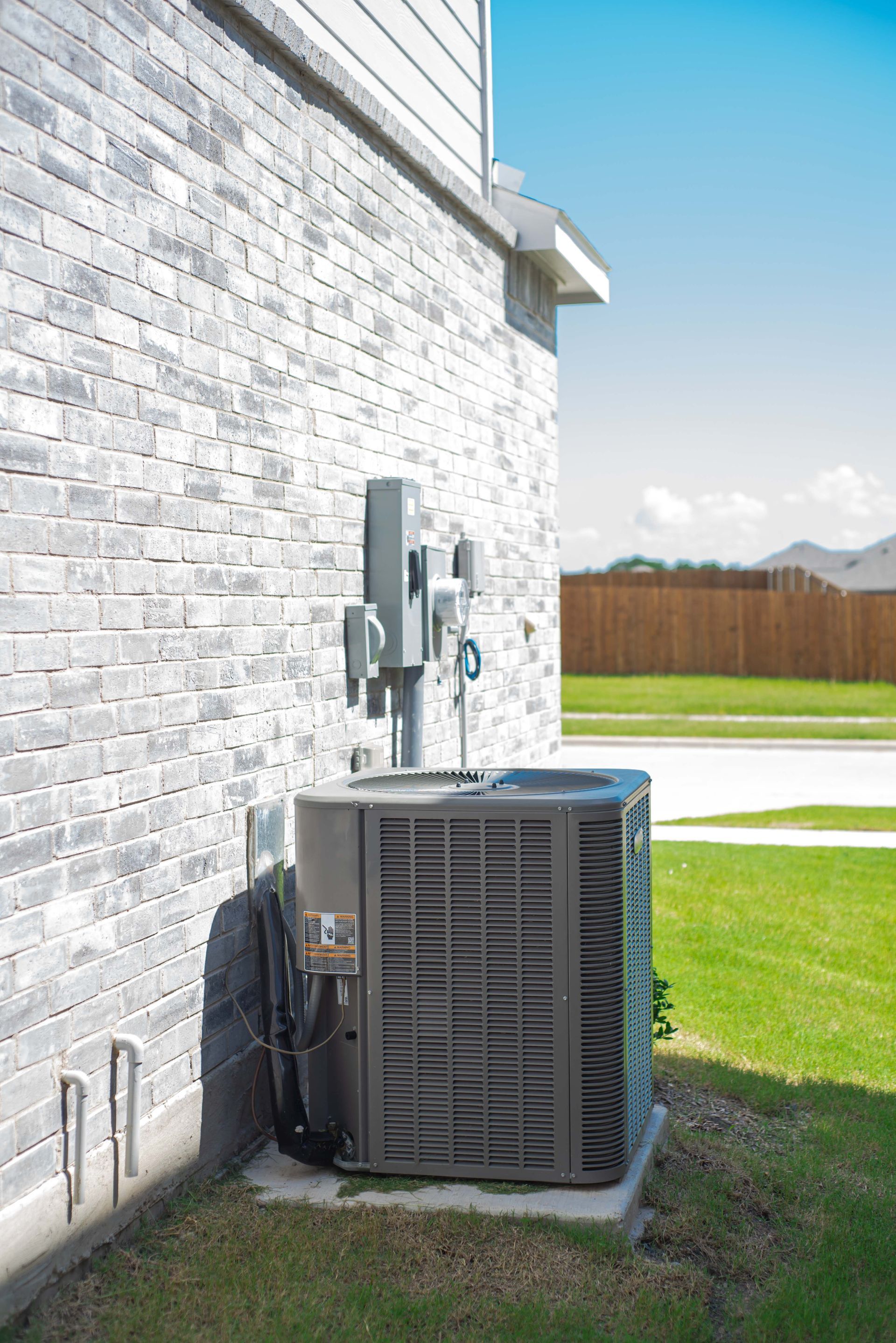 Gray air conditioning unit on a concrete pad next to a brick wall and grass.