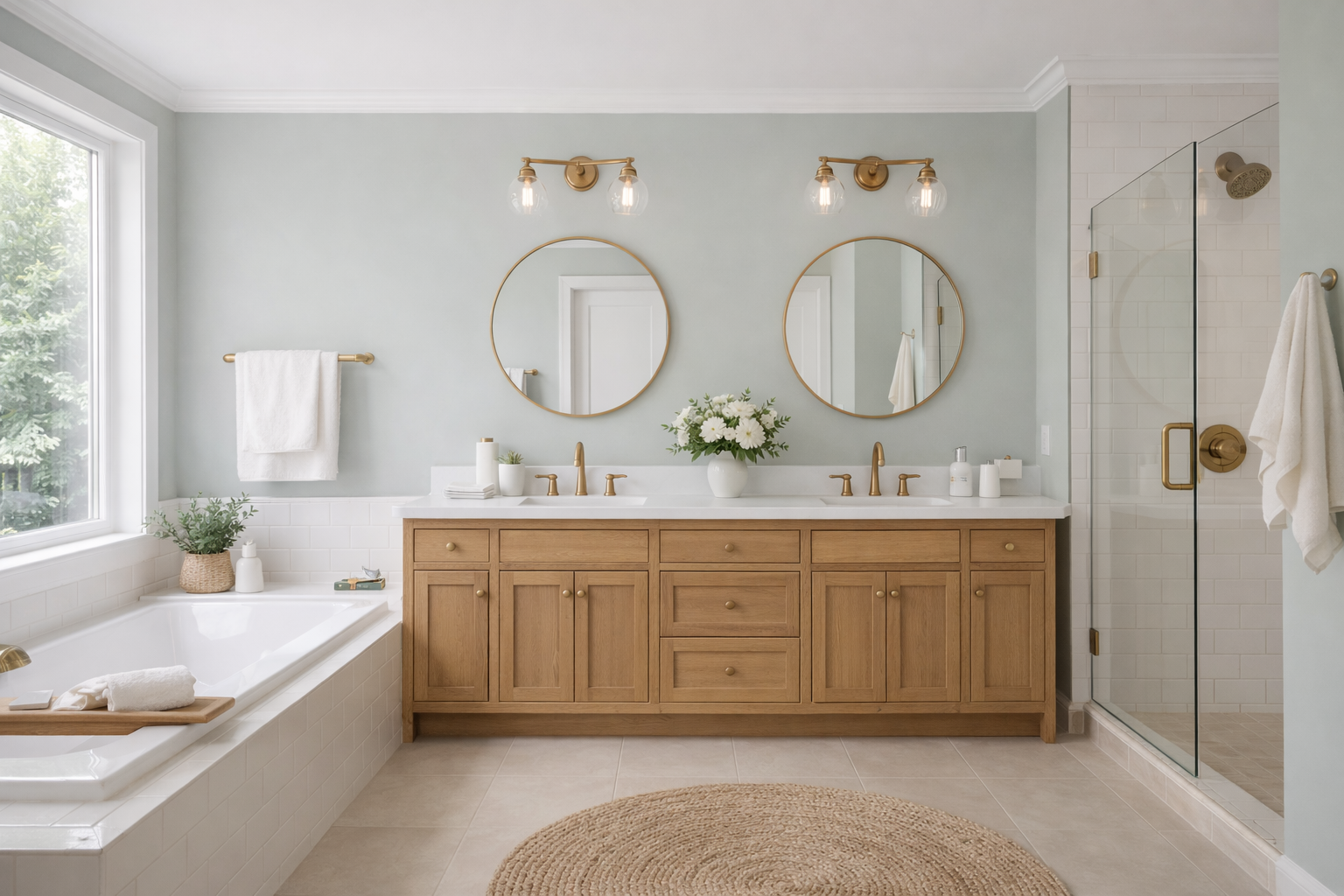Close-up view of a janitorial worker using a mop to clean the restroom floor, with her cleaning trolley positioned nearby.