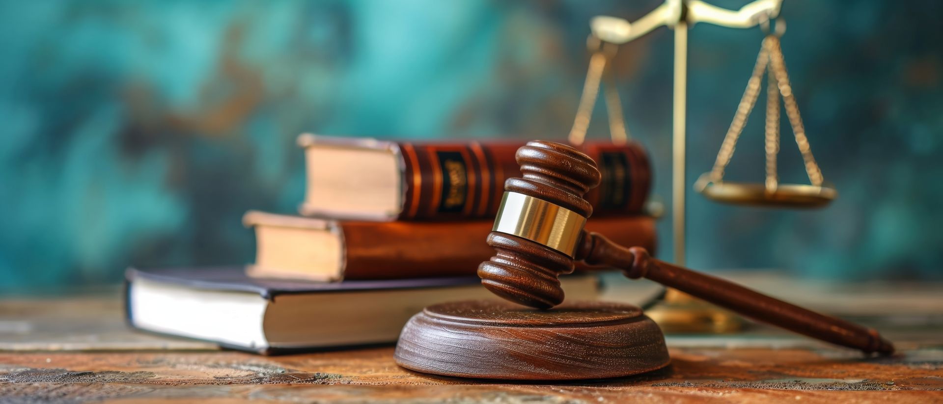 Wooden gavel, books, and scales of justice on a wooden table with a blurred blue-green background.