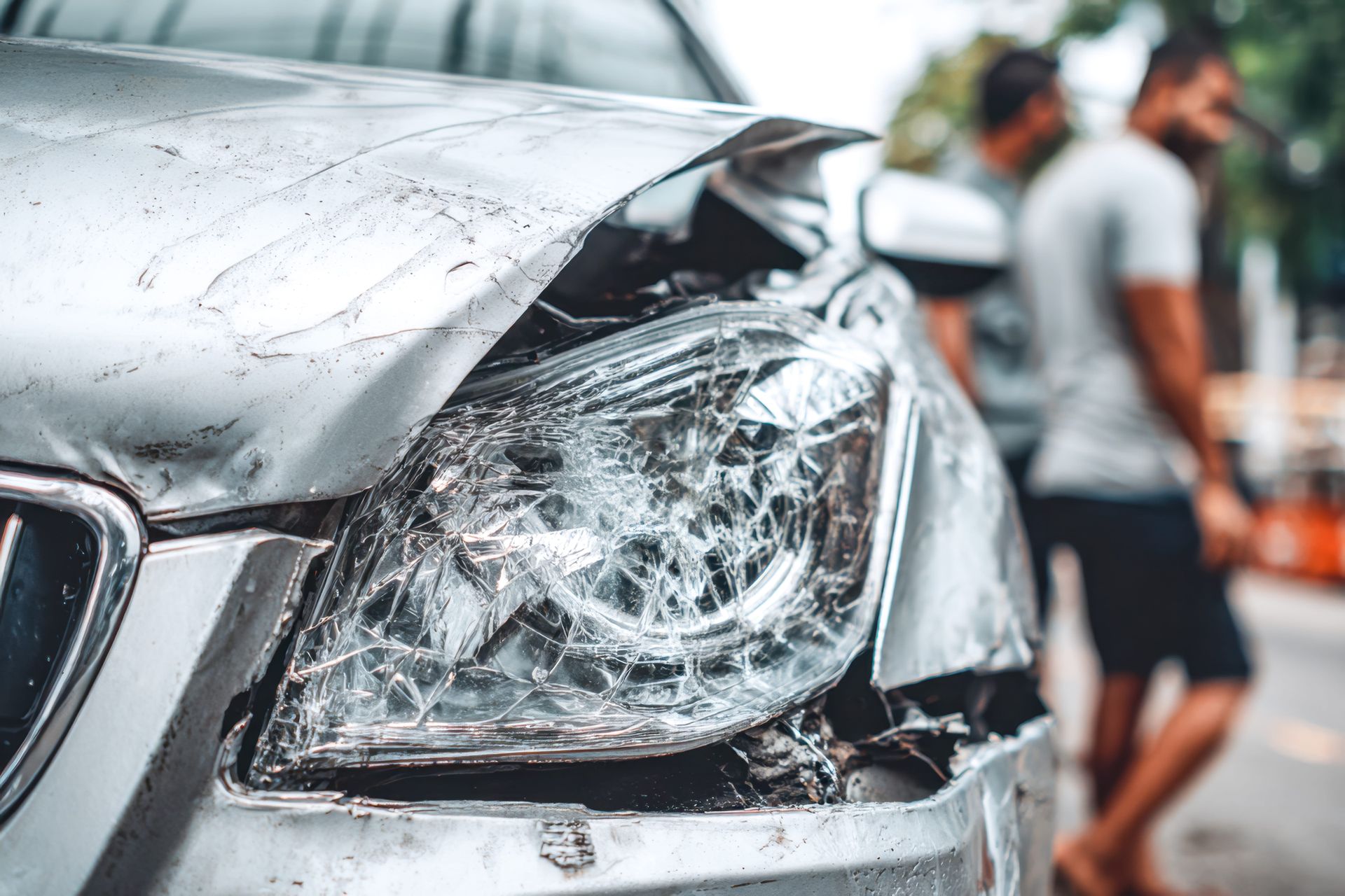 Damaged silver car with shattered headlight; two people in the background.