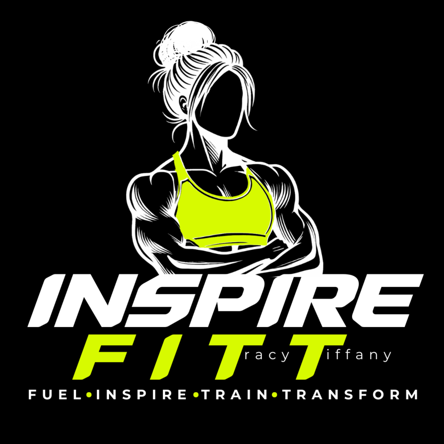 A logo for a gym called inspire fitt - a black background with a muscular lady wearing a green sports bra with the Words Inspire Fitt across the front