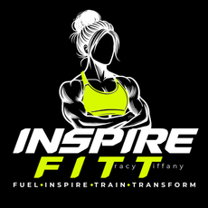 A logo for a gym called inspire fitt - a black background with a muscular lady wearing a green sports bra with the Words Inspire Fitt across the front