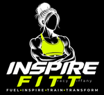 A logo for a gym called inspire fitt - a black background with a muscular lady wearing a green sports bra with the Words Inspire Fitt across the front