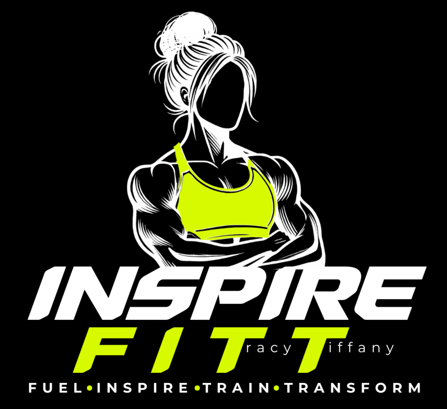 A logo for a gym called inspire fitt - a black background with a muscular lady wearing a green sports bra with the Words Inspire Fitt across the front