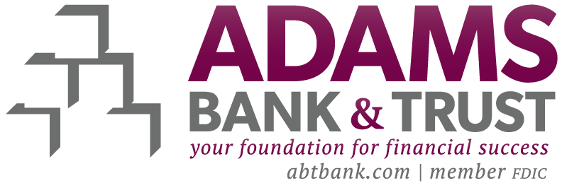 ADAMS Bank & Trust logo in purple and gray with tagline and website URL