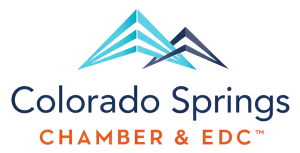Colorado Springs Chamber & EDC logo with teal and navy mountain peaks over text