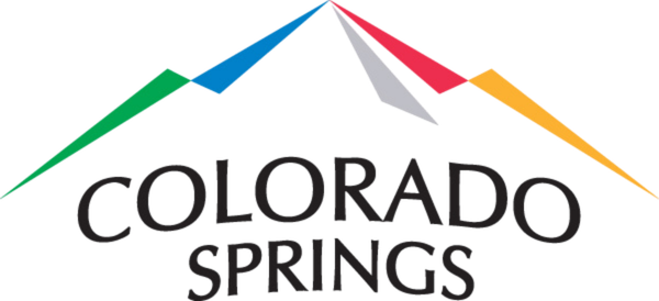 Colorado Springs logo with stylized mountain peaks in green, blue, red, gray, and gold