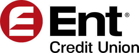 Ent Credit Union logo in black and red with a red circular emblem.
