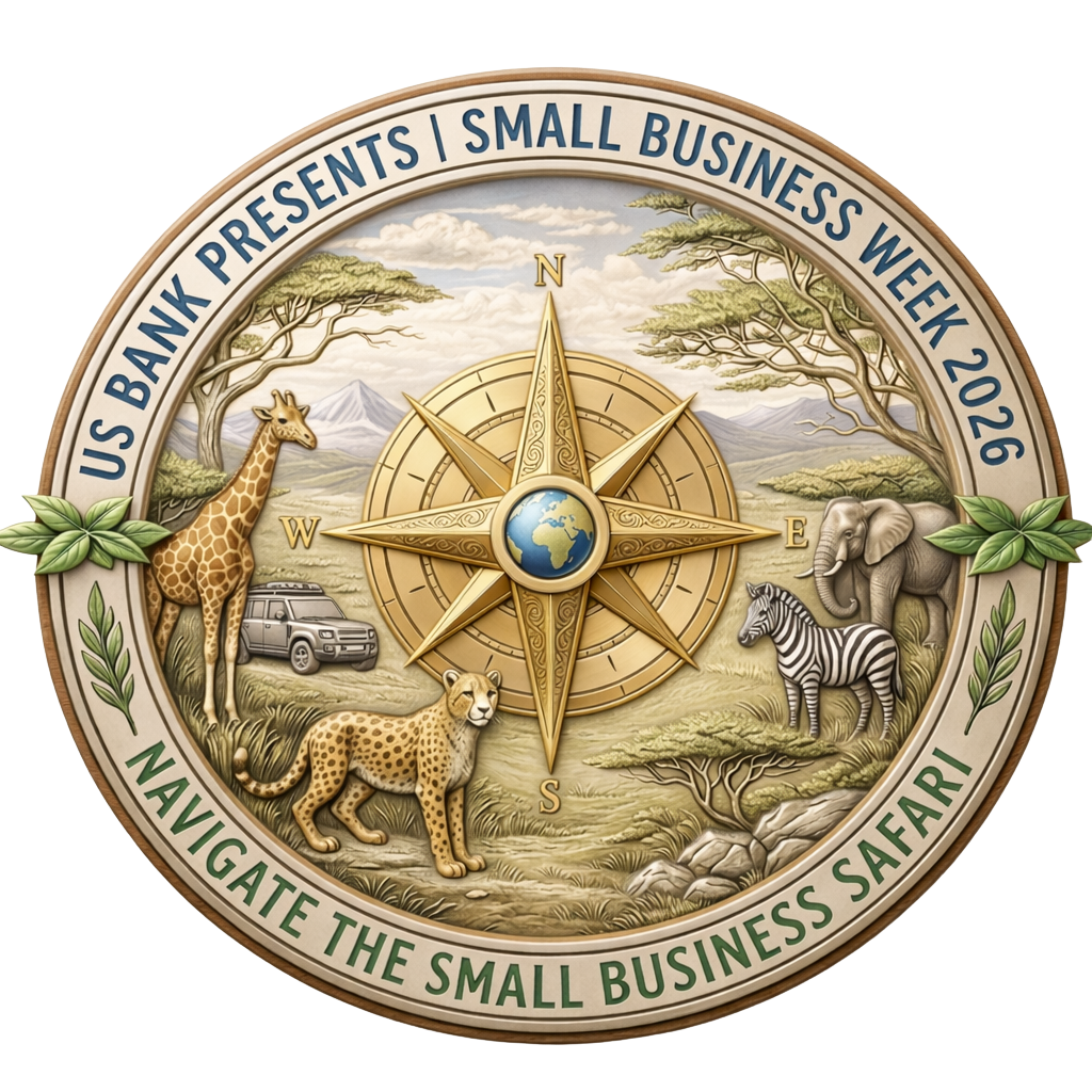 US Bank Small Business Week 2026 safari emblem with compass and African animals in a circular seal