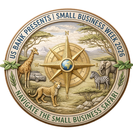 US Bank Small Business Week 2026 safari emblem with compass and African animals in a circular seal