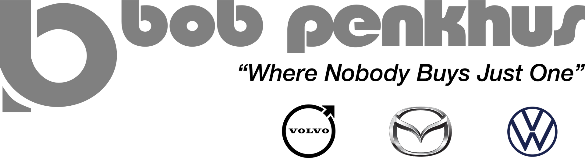 Bob Penkhus dealership logo with the slogan “Where Nobody Buys Just One” and brand logos for Chrysler, Mazda, and Volkswagen.