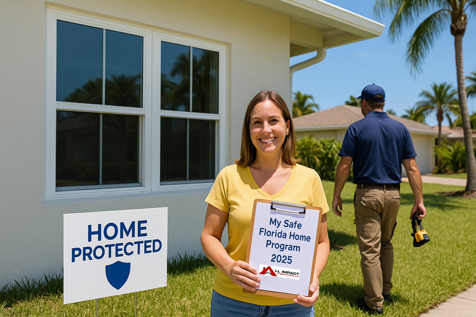 Happy Florida homeowner installing hurricane impact windows with “My Safe Florida Home” paperwork in