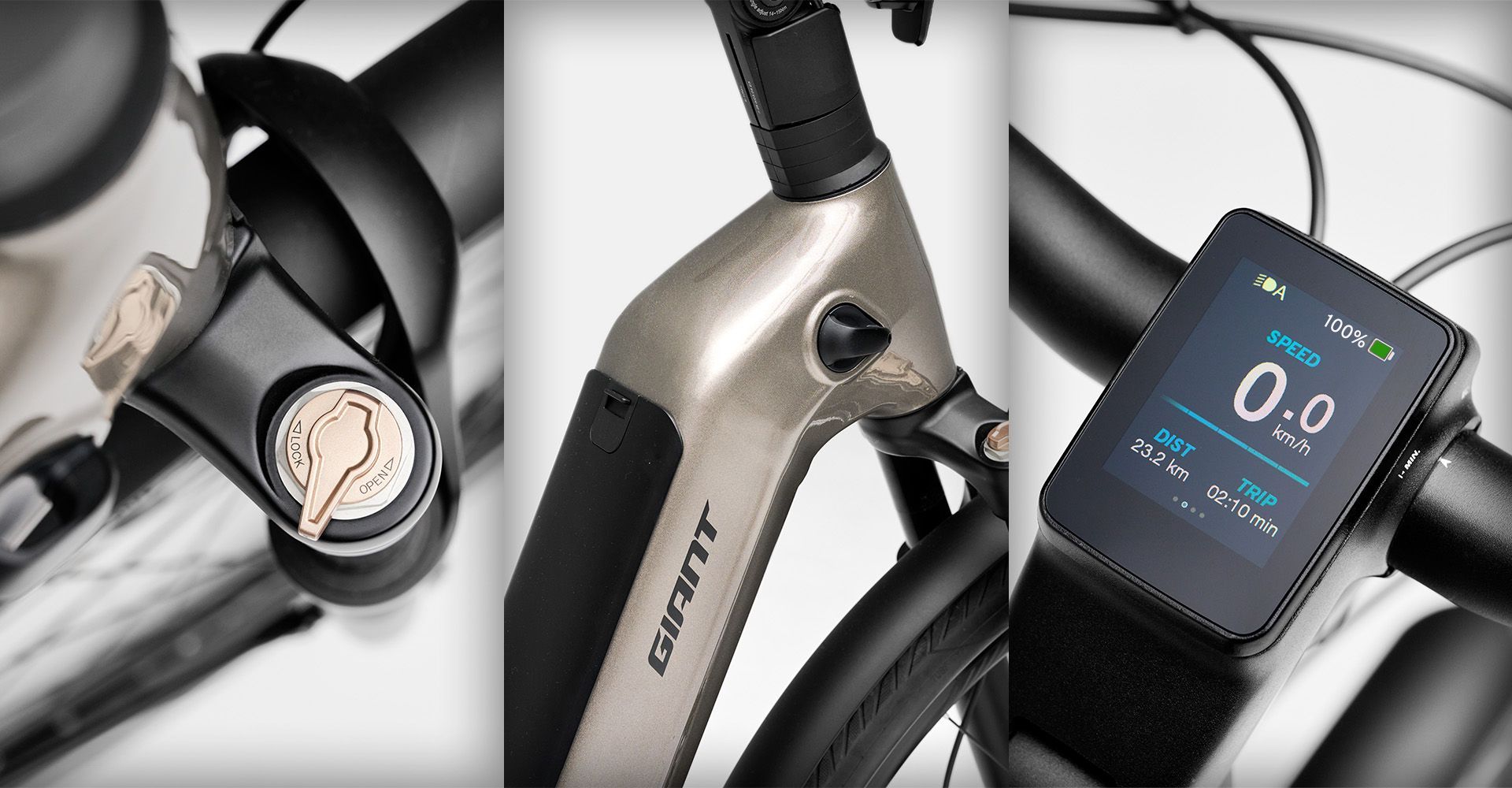 Een collage van drie foto's van een fiets met een display aan de voorkant.
