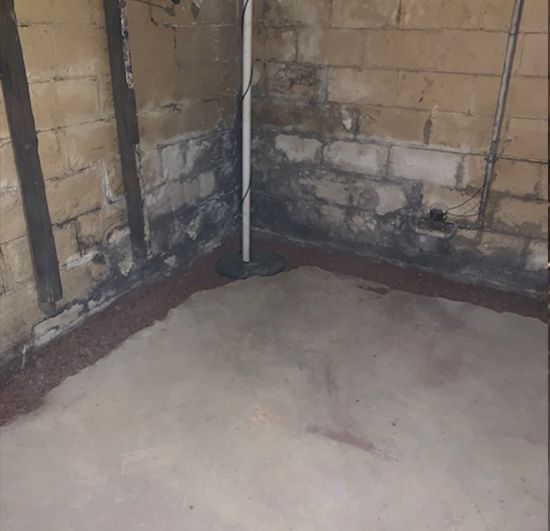 Basement corner with brick walls, stained with black mold and a cement floor.