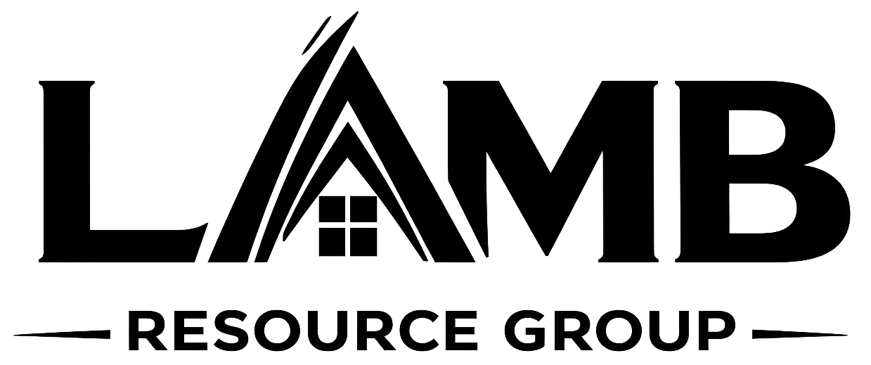 Logo for Lamb Resource Group. Dark green letters "LAMB" with a house roof design. Below, "RESOURCE GROUP" is written.