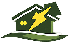 A dark green house silhouette with a yellow lightning bolt at its center, resting on a wavy green base.