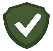 A white checkmark centered inside a dark olive green shield icon.