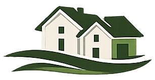 A simplified graphic of a cream-colored house with a dark green roof and a garage, set above two stylized green ground waves.