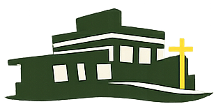 A stylized dark green building graphic with a yellow cross on the right side.