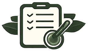 A dark green icon of a clipboard with a checklist and a stylus, set against a background of dark green leaves.