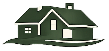 A simple green house icon with white trim, a chimney, and windows, set against a dark green base.