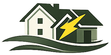 A graphic of a house with a yellow lightning bolt emblem over it, set against stylized green ground waves.