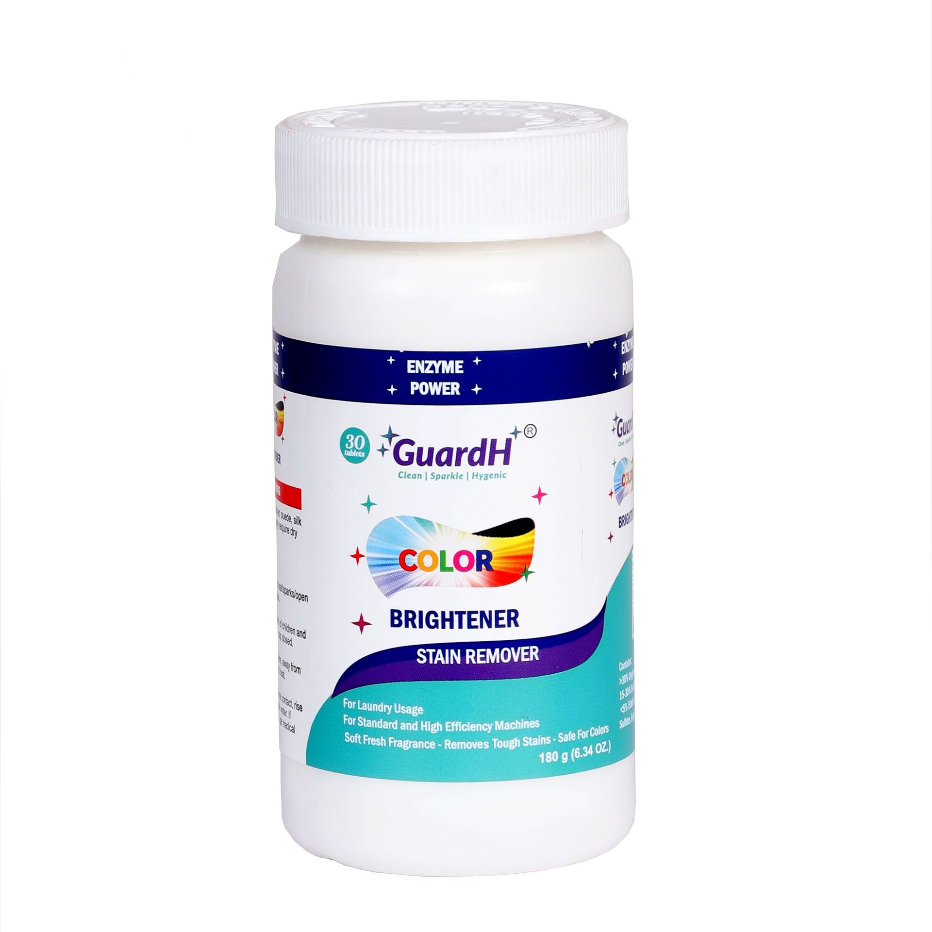 A bottle of guardh color brightener is surrounded by bubbles on a blue background.