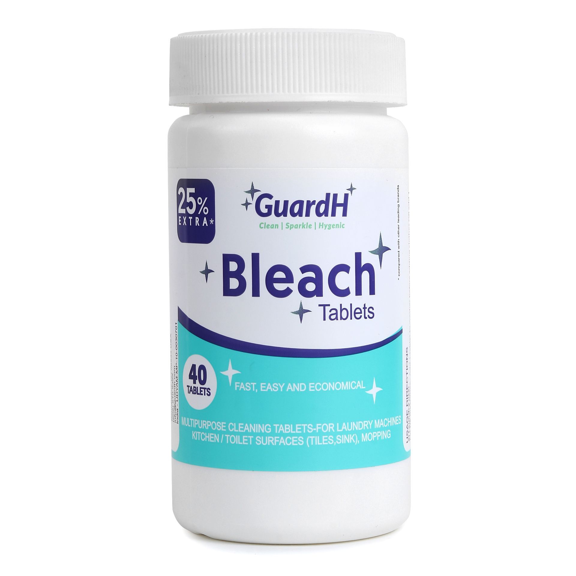A bottle of guardh bleach tablets is surrounded by bubbles on a blue background.