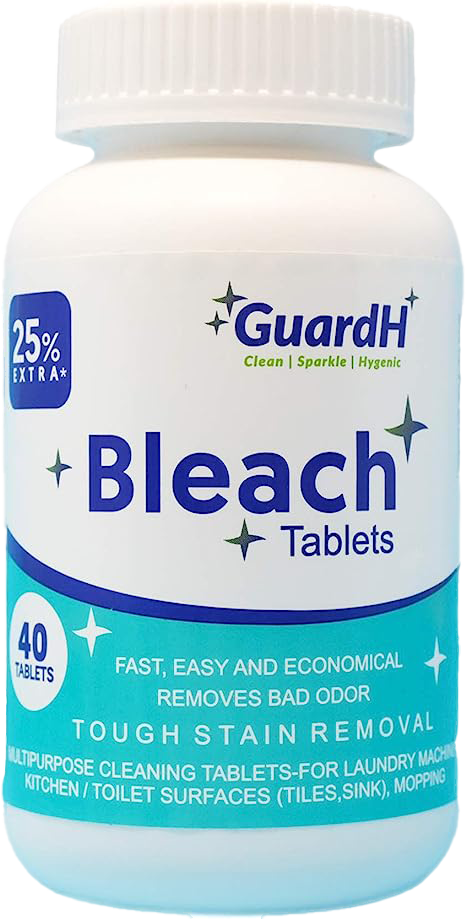 A bottle of guardh bleach tablets is shown on a white background.