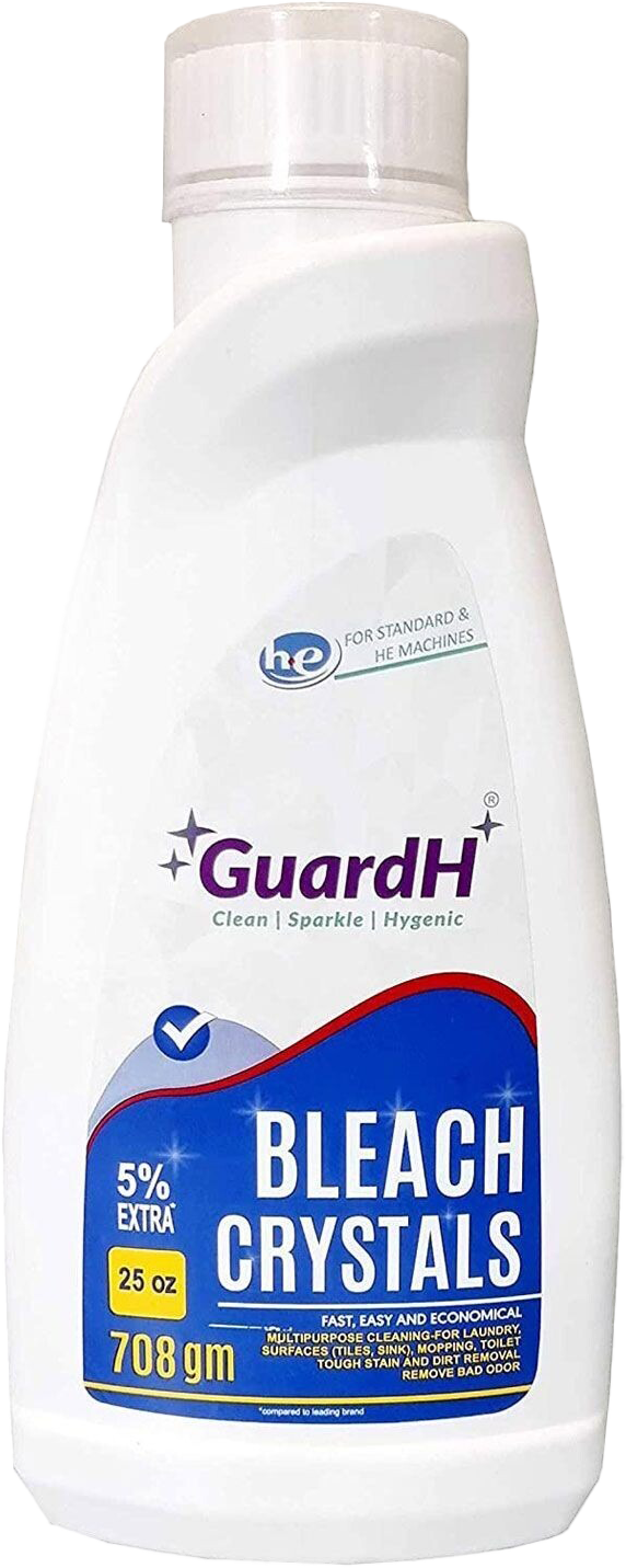 A bottle of guardh bleach crystals on a white background.