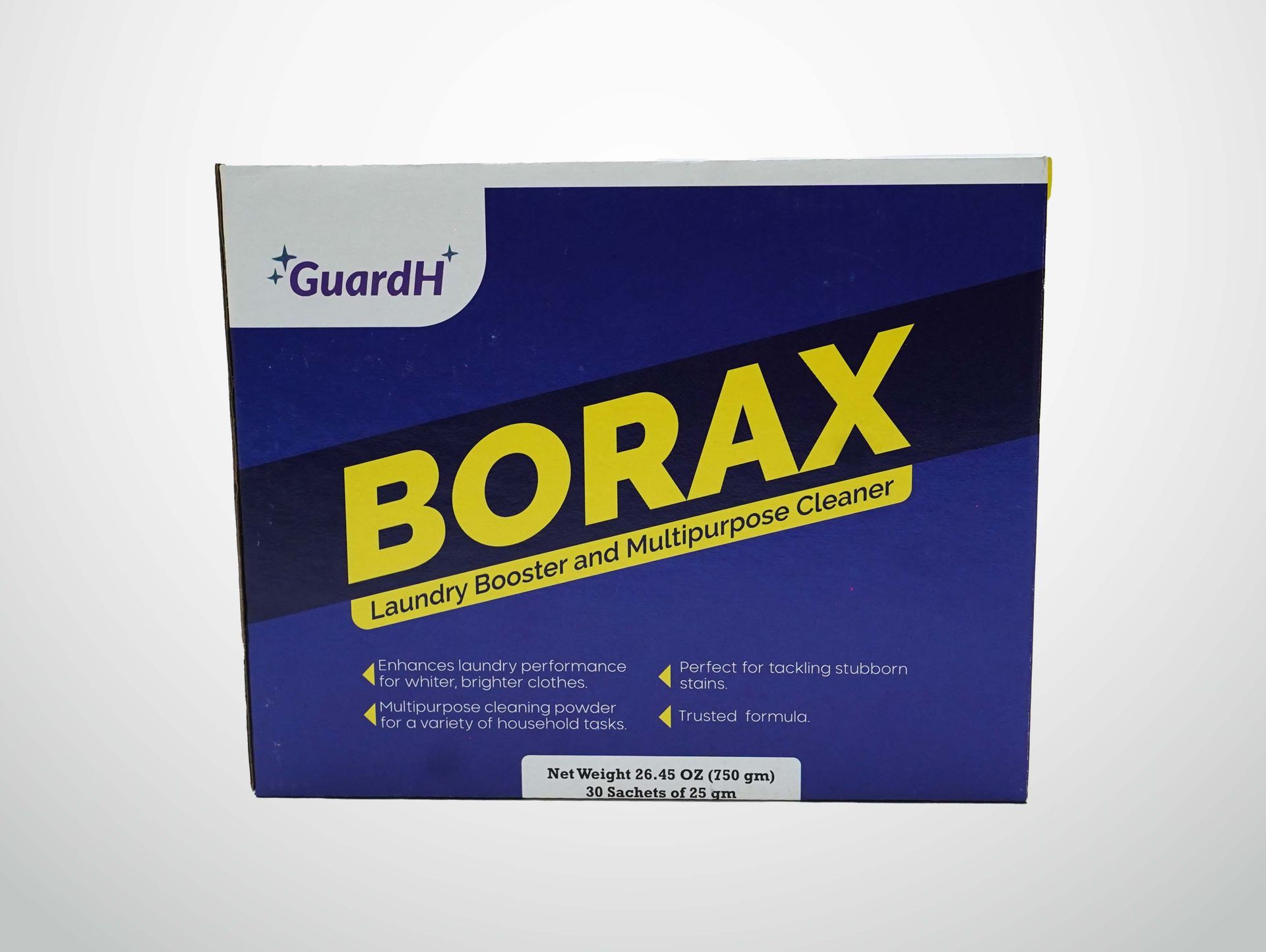 A box of borax is sitting on a white surface