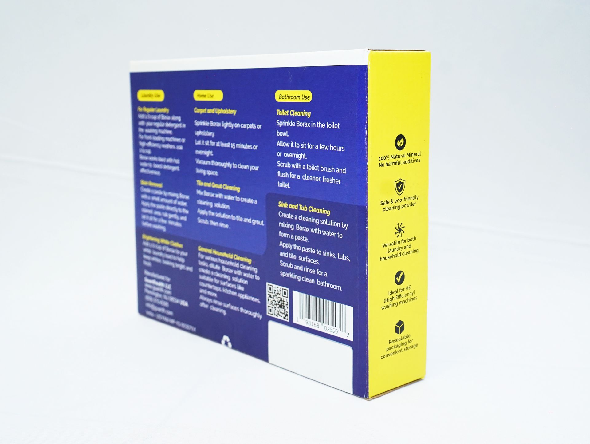 A blue and yellow box with a lot of information on it